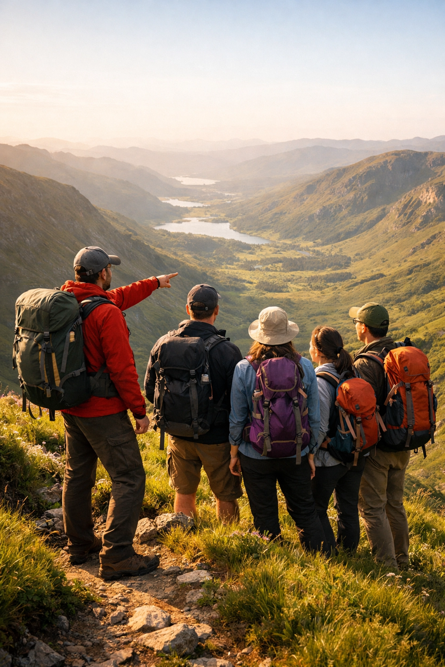A professional mountain guide leading a group along a scenic ridge during a guided hiking tour in the UK.