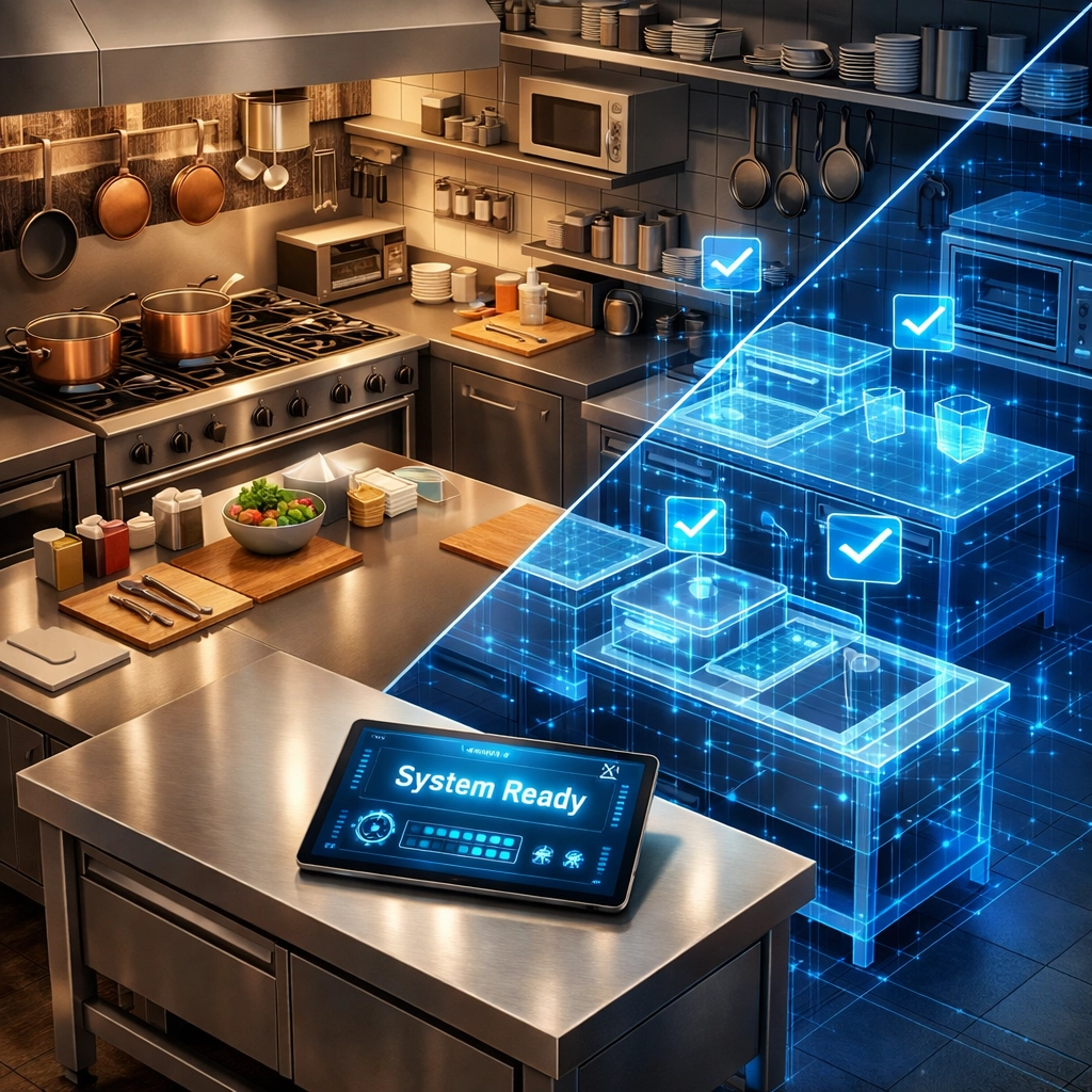 Digital kitchen management system overlay showing tech innovation in a modern restaurant operation.