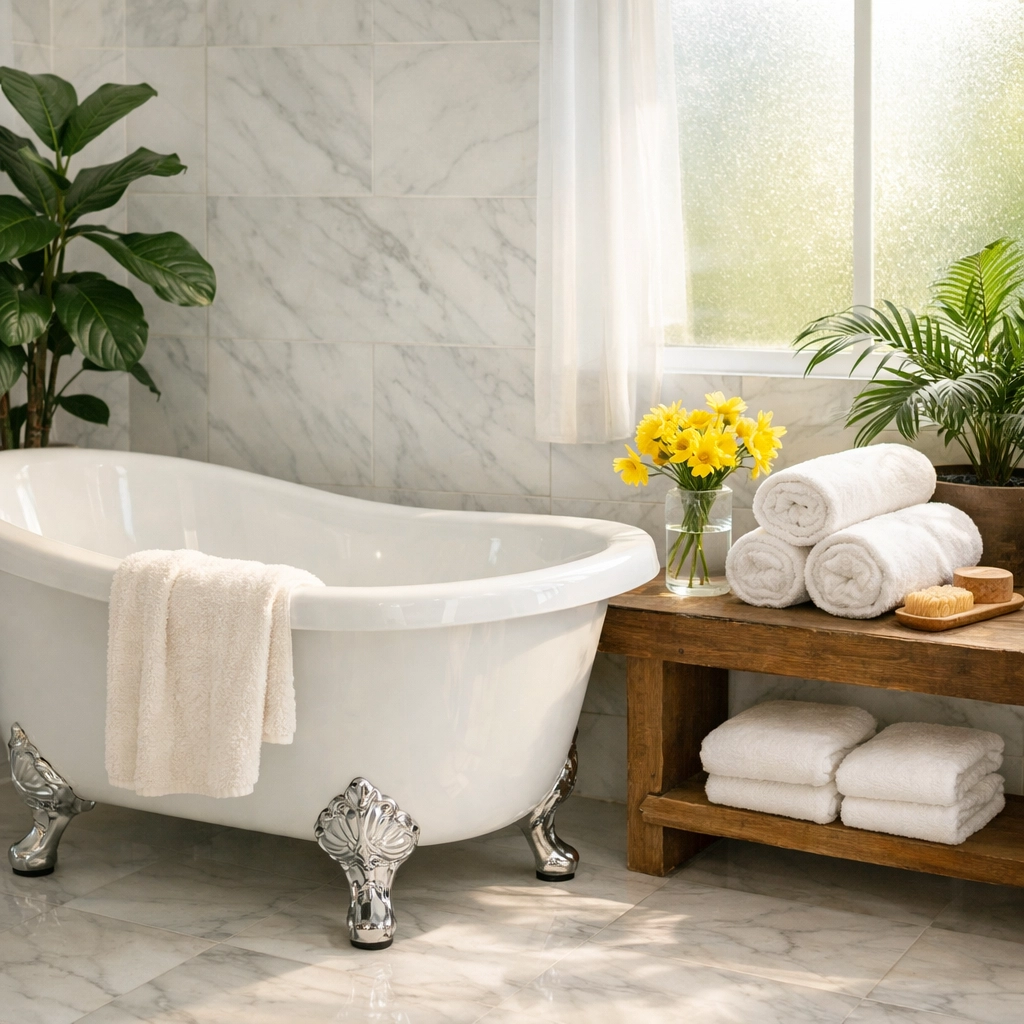 Luxury marble bathroom featuring eco-friendly maid service Cambridge for a healthy home environment.