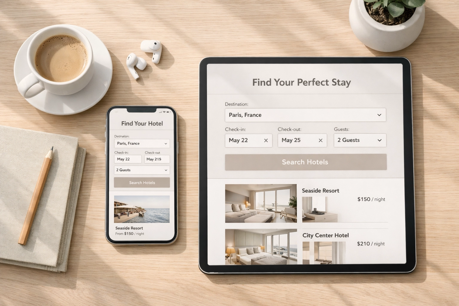 Mobile hotel booking engine interface on smartphone and tablet showing seamless booking