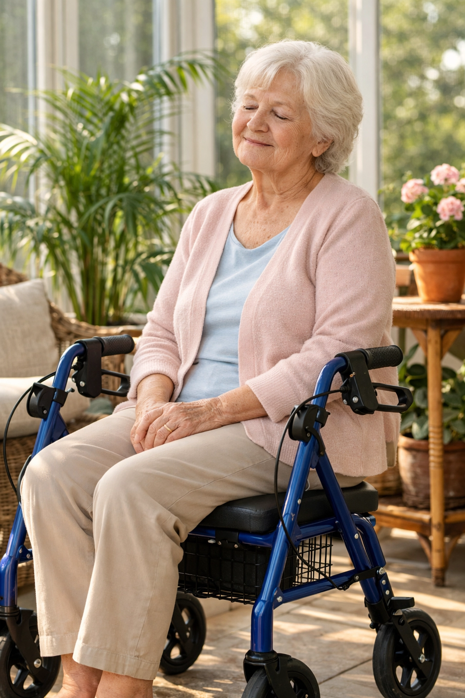 Elderly woman sitting safely on a rollator walker seat with brakes engaged to rest at home.