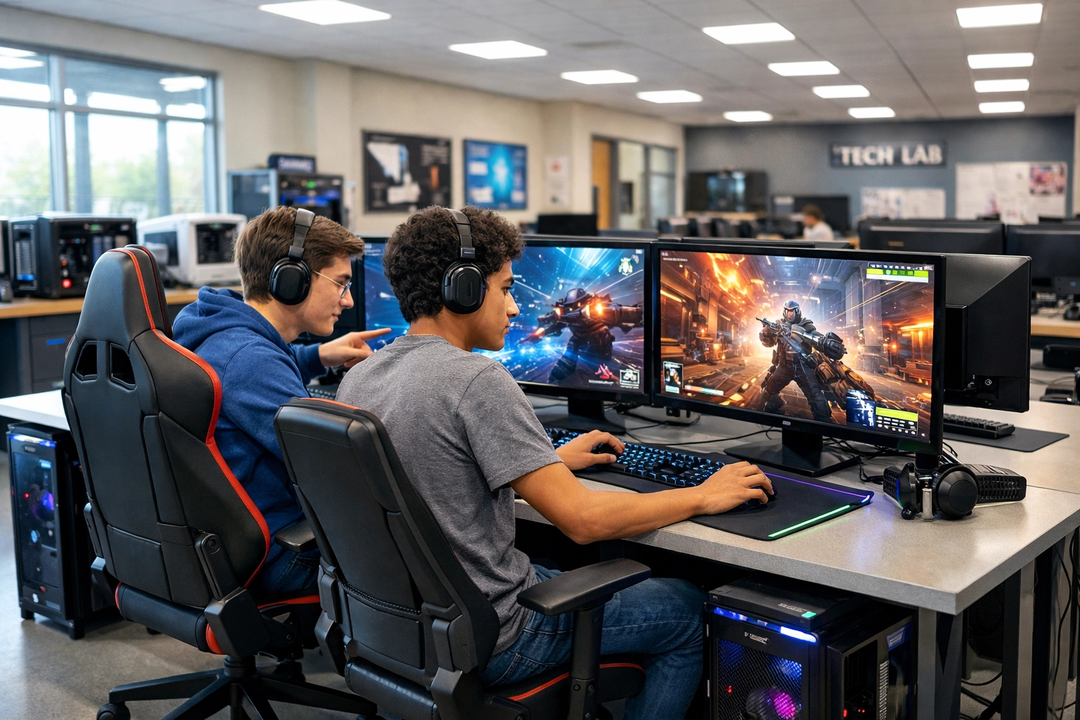 High school students using immersive esports pods in a modern technology wing for digital education and growth.