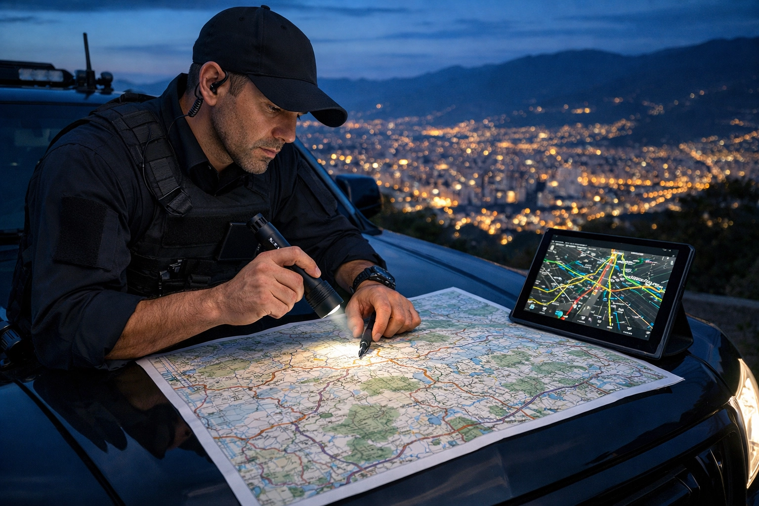 Professional security driver planning transport routes with map and GPS for Medellin client protection