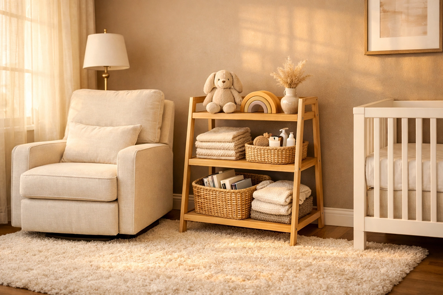 Sophisticated modern nursery with a 3-tier toy storage unit and cozy linen glider chair.