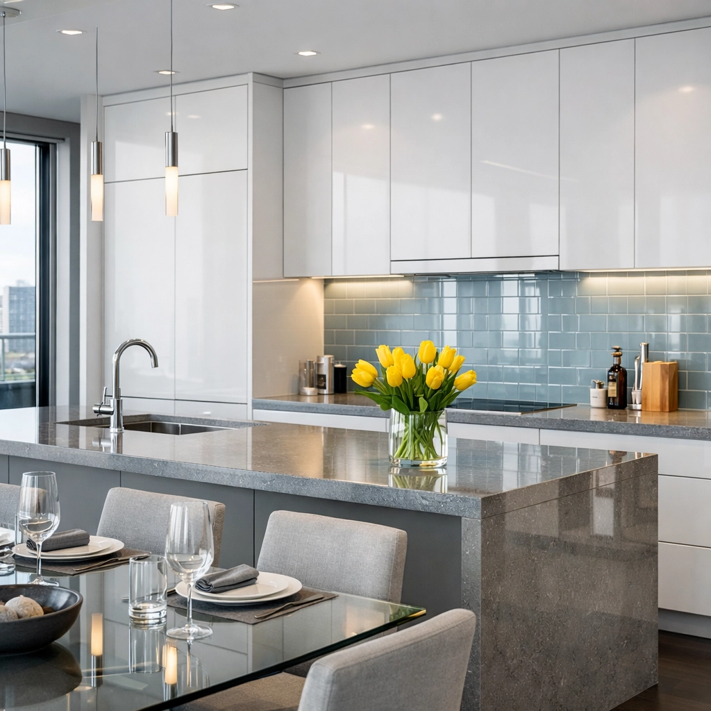 Impeccably clean modern kitchen in a Marlborough apartment highlighting professional apartment cleaning.