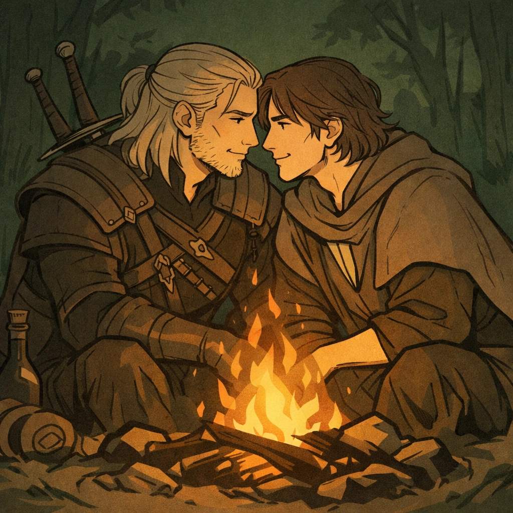 Two men share intimate campfire moment - MM romance supernatural fantasy scene