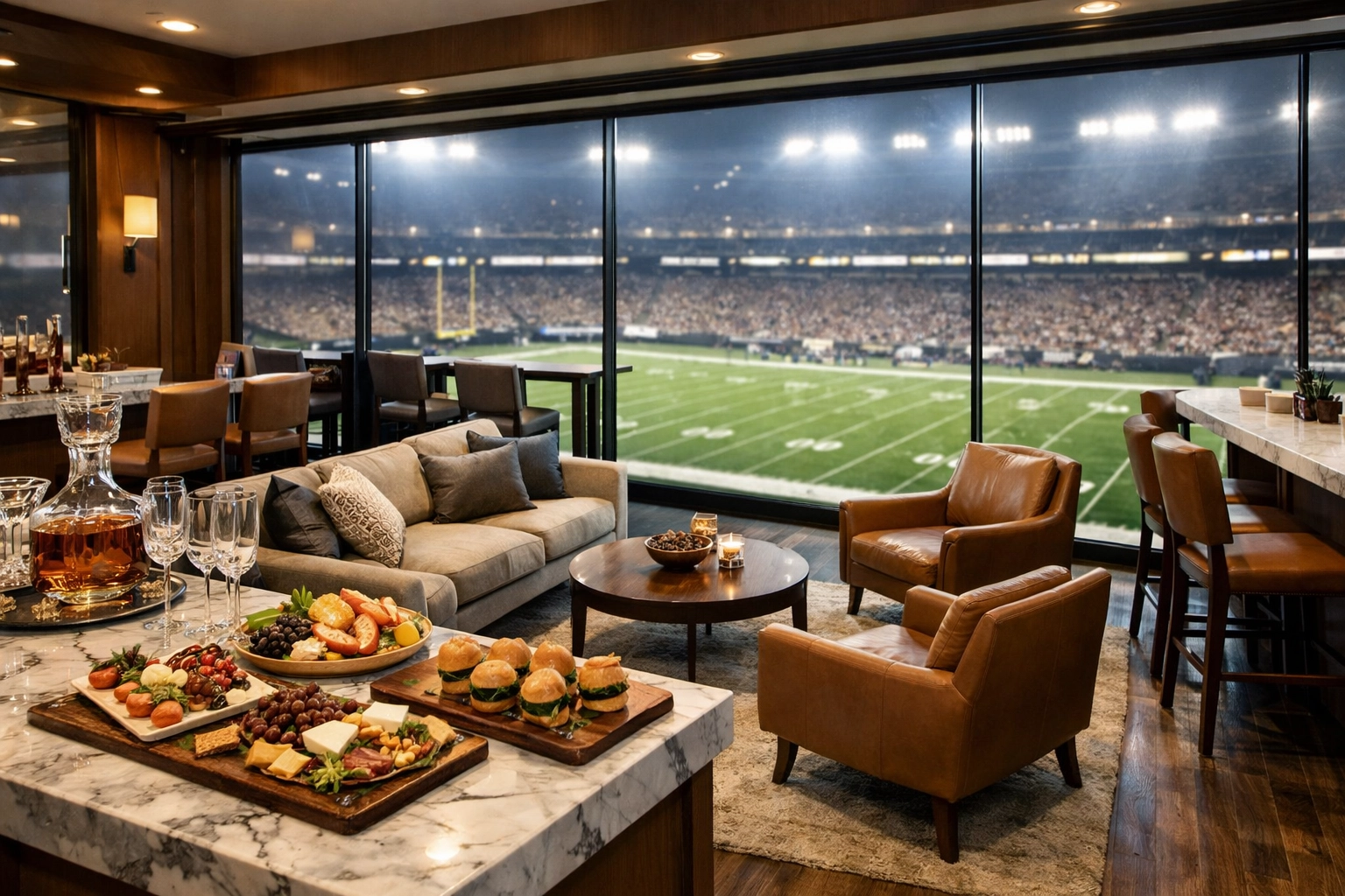 Luxury stadium suite interior with elite hospitality for Super Bowl corporate brand activations.