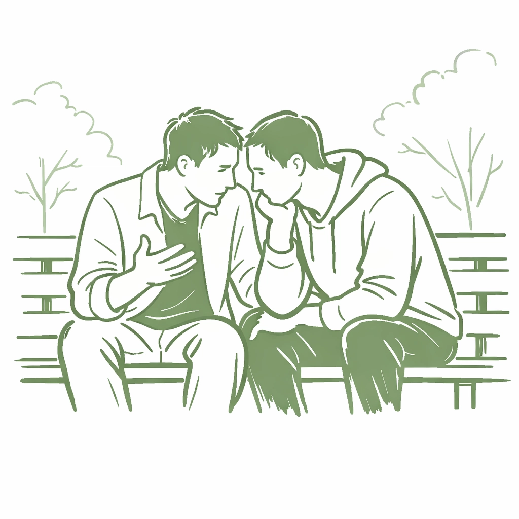 Two men in intimate conversation on park bench representing authentic bisexual characters in MM romance