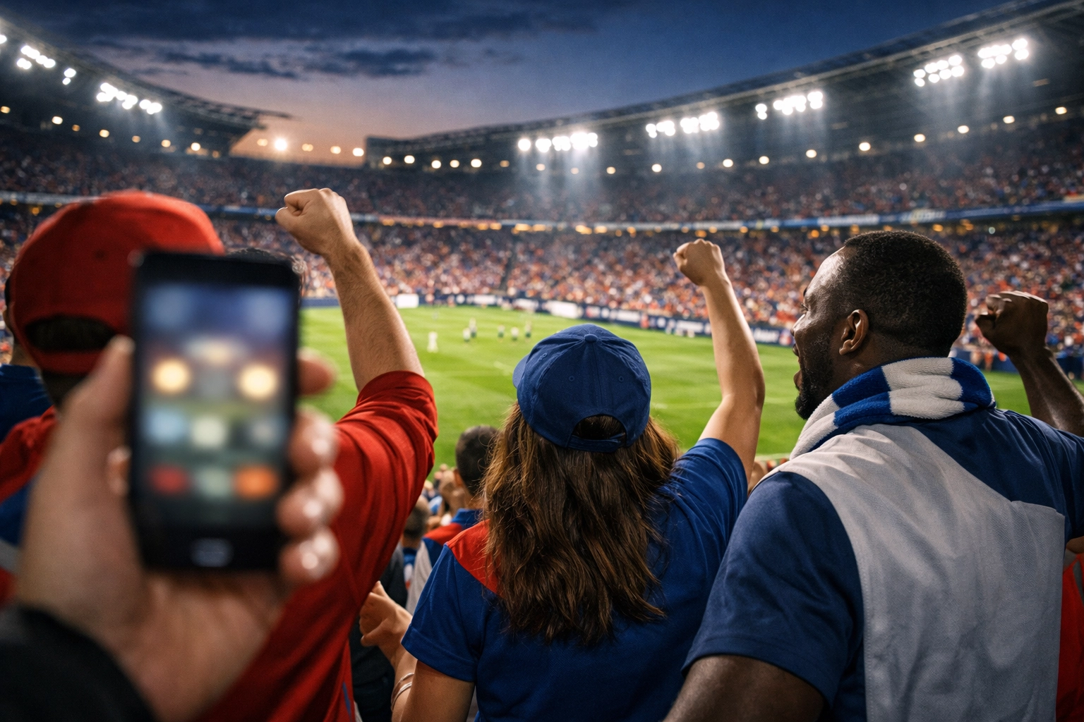 Diverse sports fans in a stadium interacting with digital content to enhance fan engagement and brand integration.