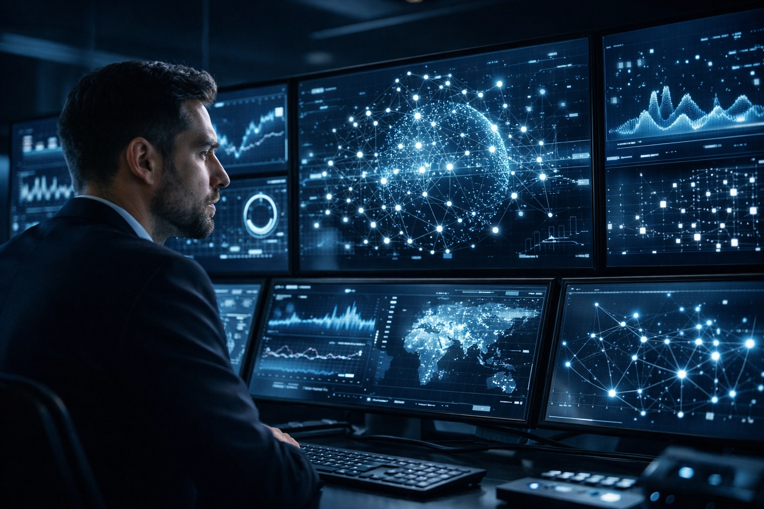 Professional analyzing AI data visualizations for digital transformation in global media consulting.