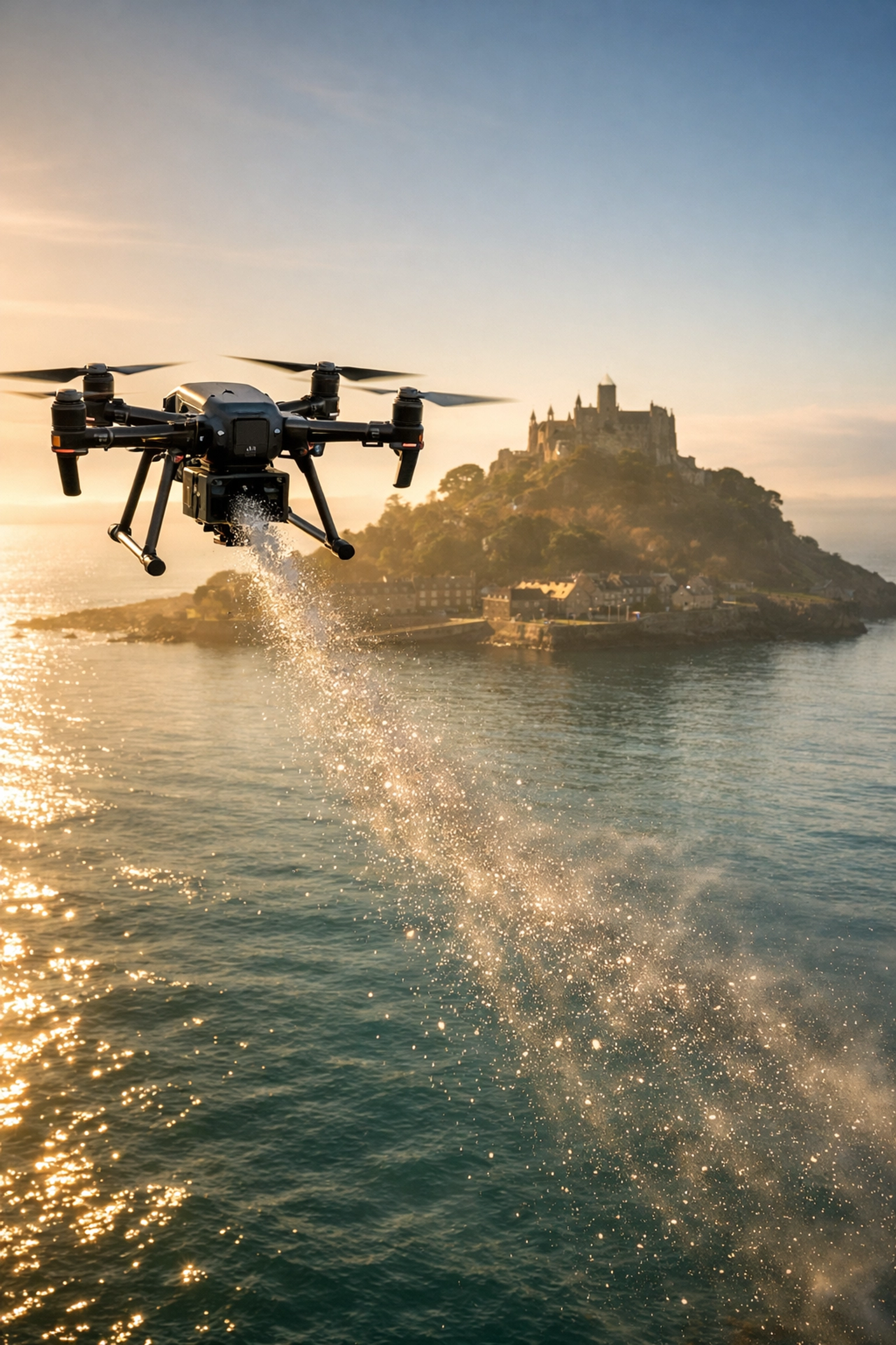 Professional drone release during a scattering ashes ceremony at Marazion Beach near St Michael's Mount.