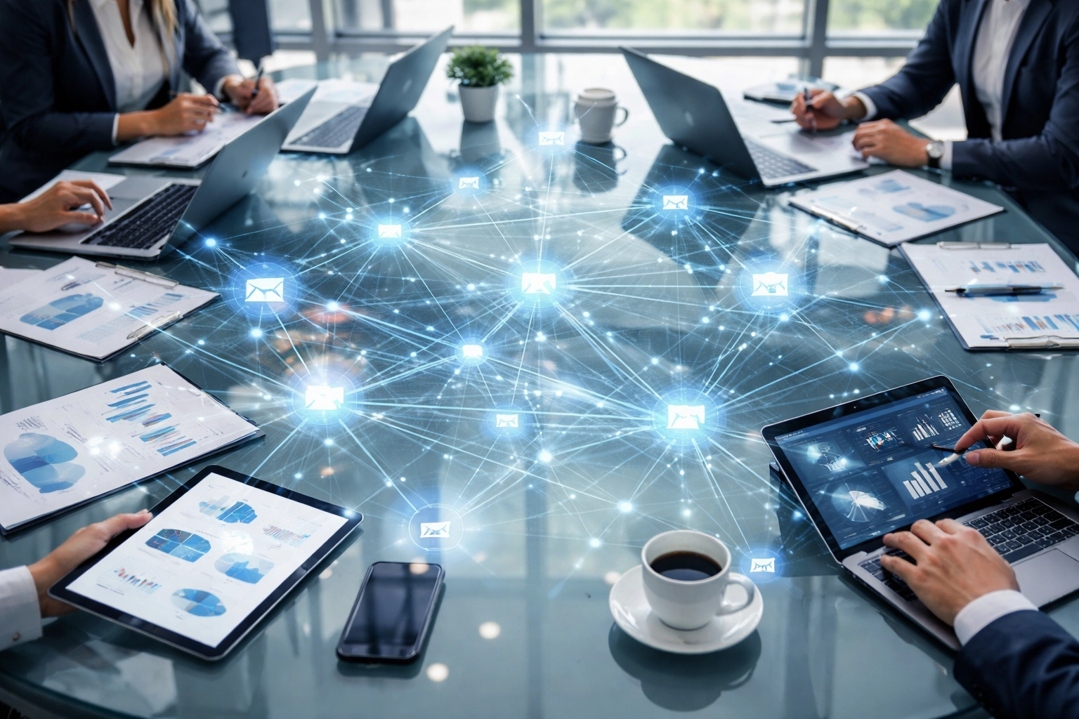 Modern office table with laptops and digital data streams, illustrating unified data connectivity in ServiceNow Workflow Data Fabric