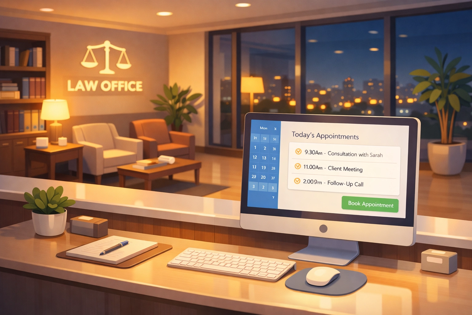 Law firm reception desk with AI answering service available 24/7 at night