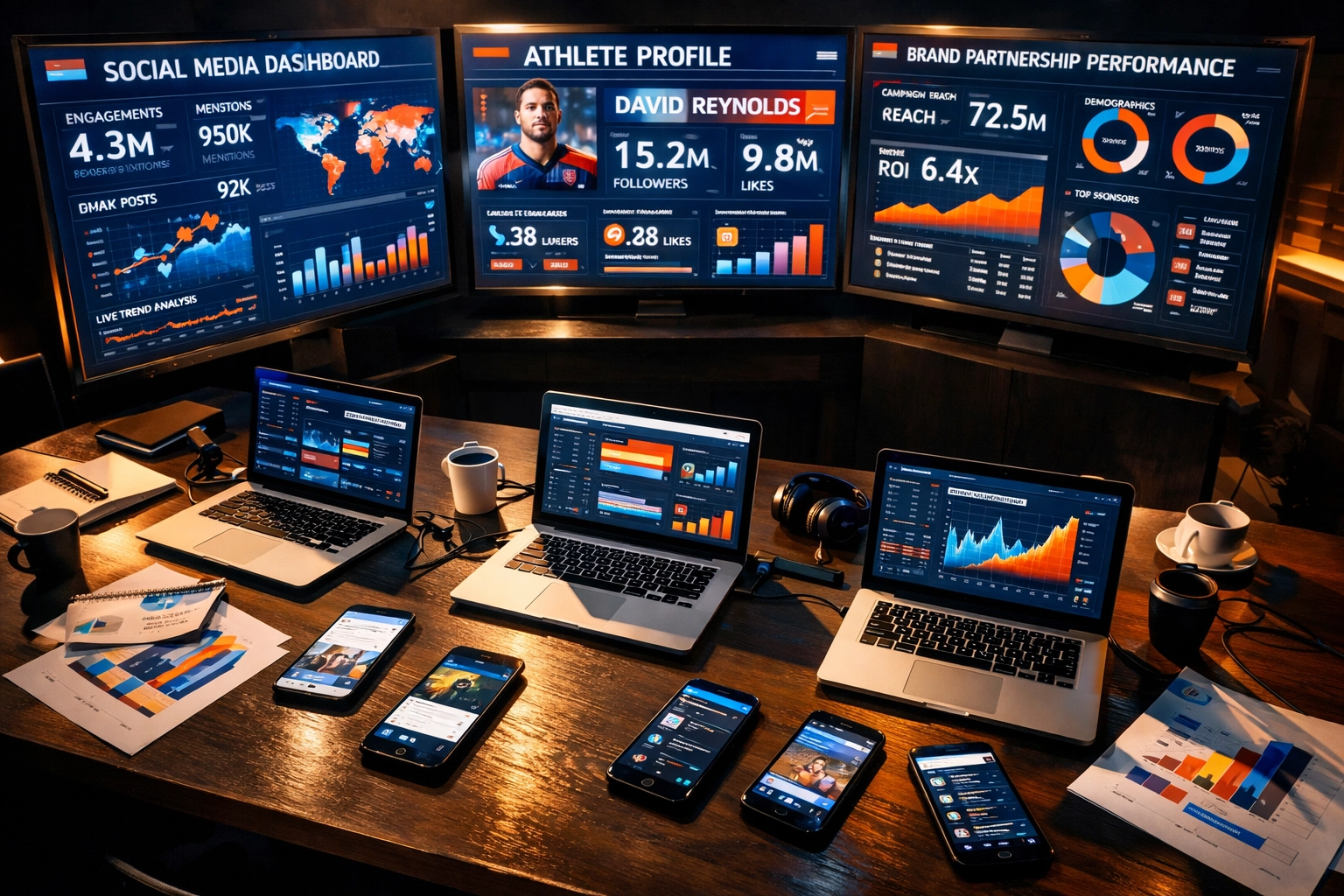 Sports Media Inc. command center showing real-time athlete marketing analytics and social media data