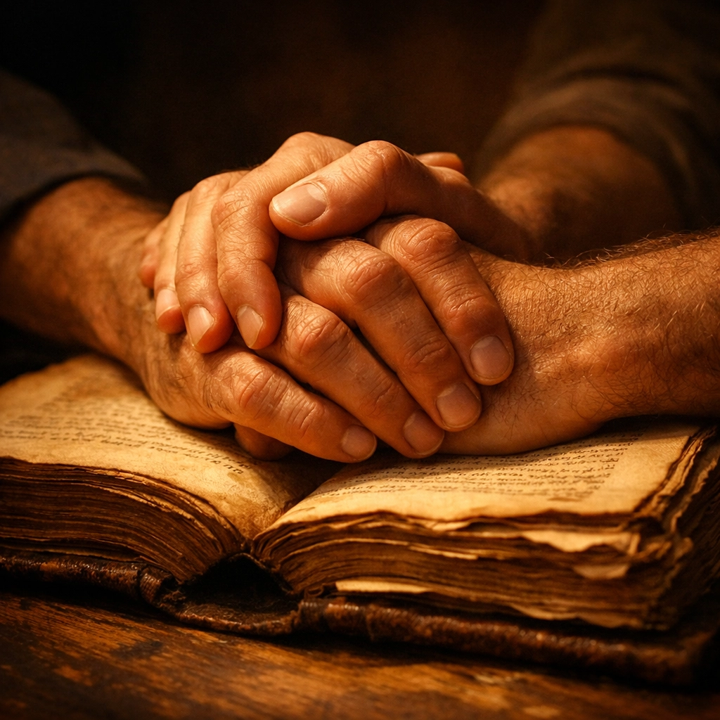 Hands clasped over ancient manuscript symbolizing LGBTQ+ church history