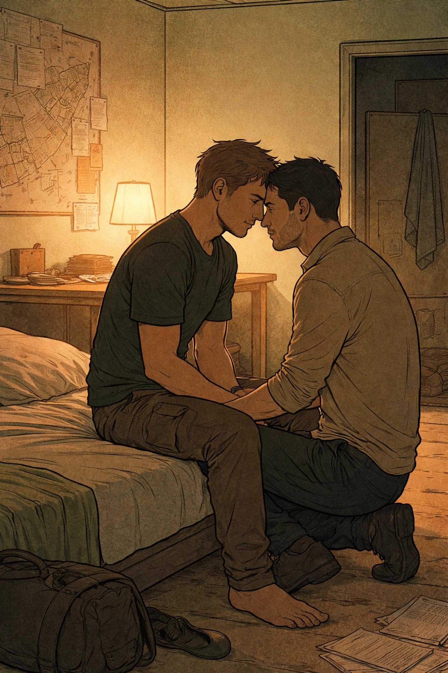Two men share an intimate moment in a safe house, highlighting trust and vulnerability in The Crimson Compact.