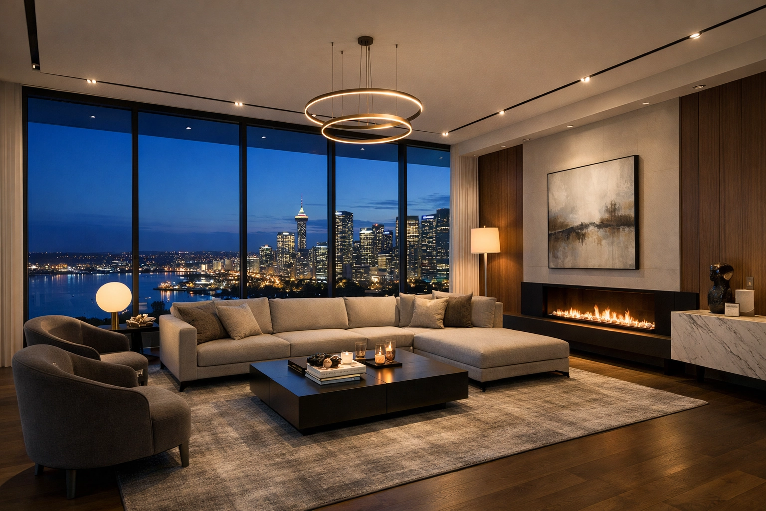 Wide-angle luxury interior photo showcasing luminosity balance for real estate photography tutorials.