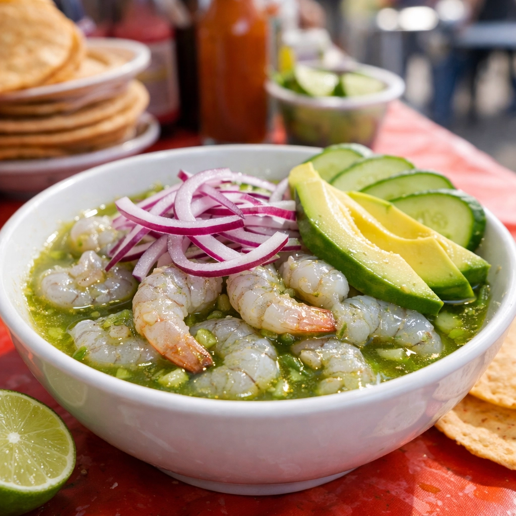 Fresh shrimp aguachile with avocado and lime at a budget-friendly outdoor seafood stall in Mexico City.