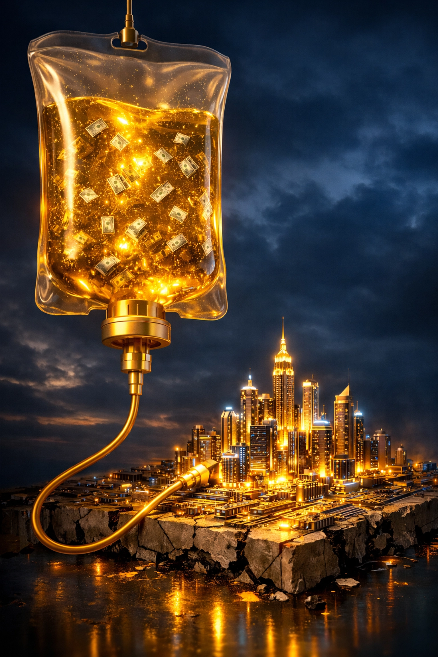 A golden IV drip feeding cash into a glowing city, symbolizing the Fed’s economic stimulus and easy money addiction.