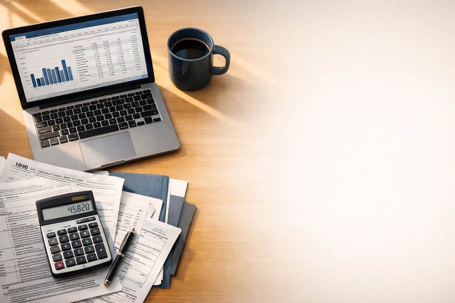 Tax forms and calculator on desk for S-corp reasonable compensation planning