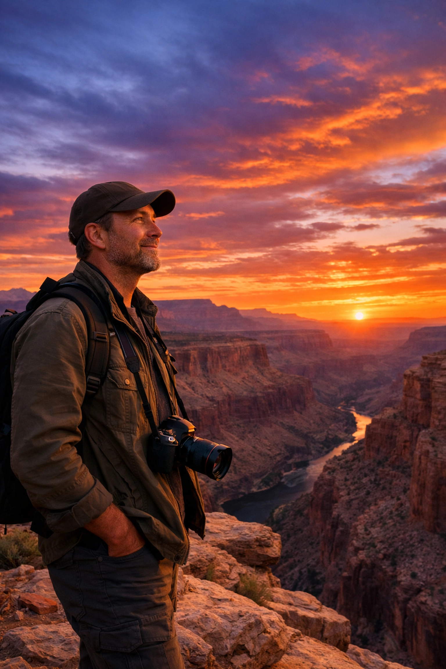 Travel photographer at a sunset canyon, enjoying the career freedom found through the Proshoot.io marketplace.