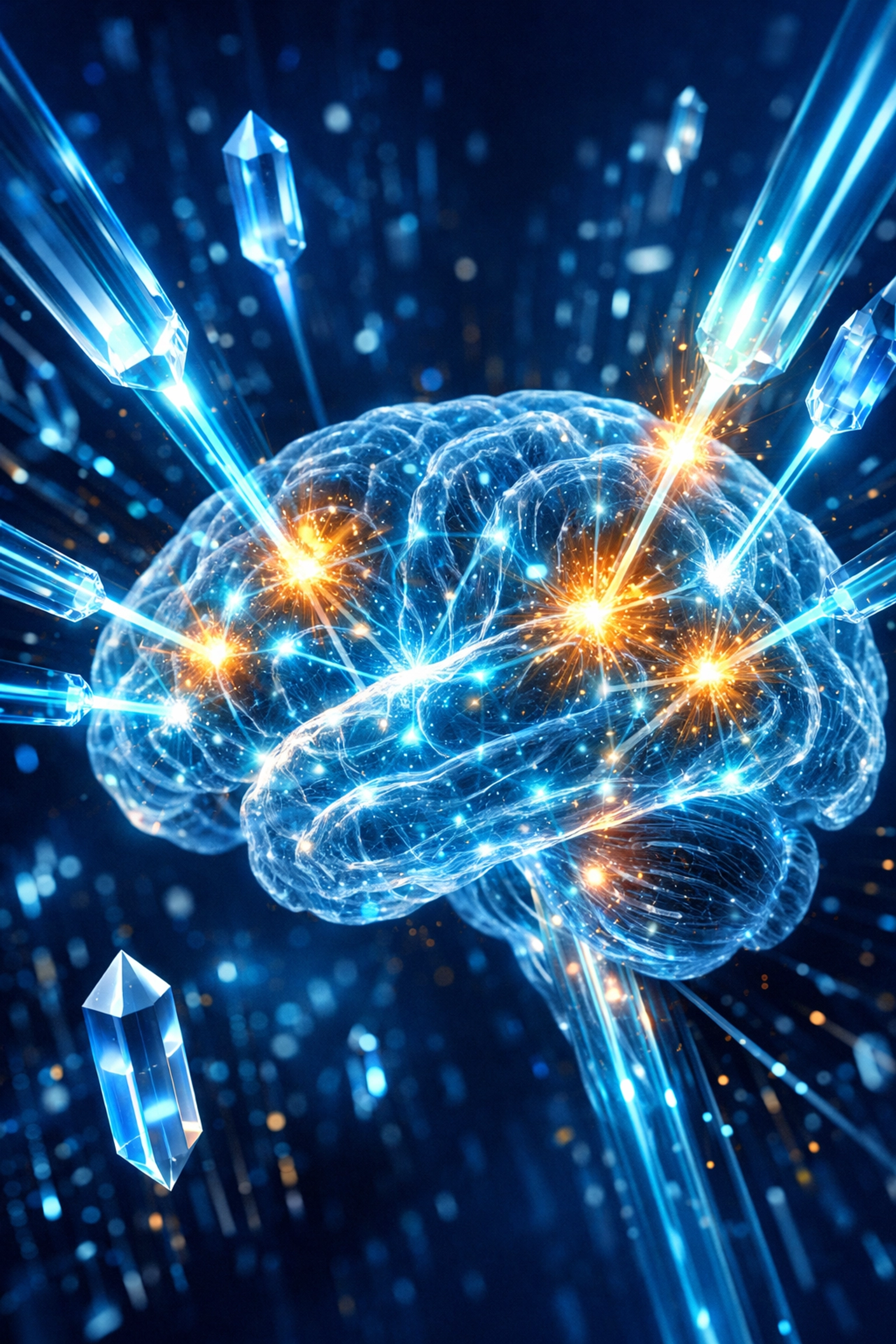 Glowing digital brain symbolizing an AI knowledge base integrating various support data sources.