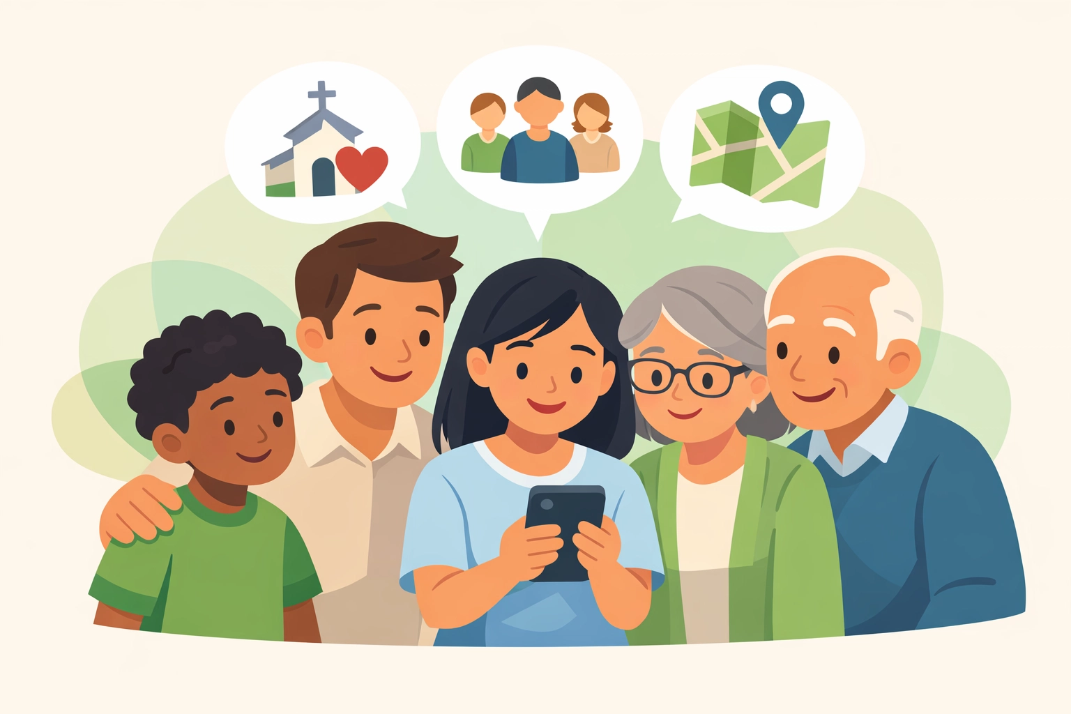 A small group circle connecting while someone checks details on their phone