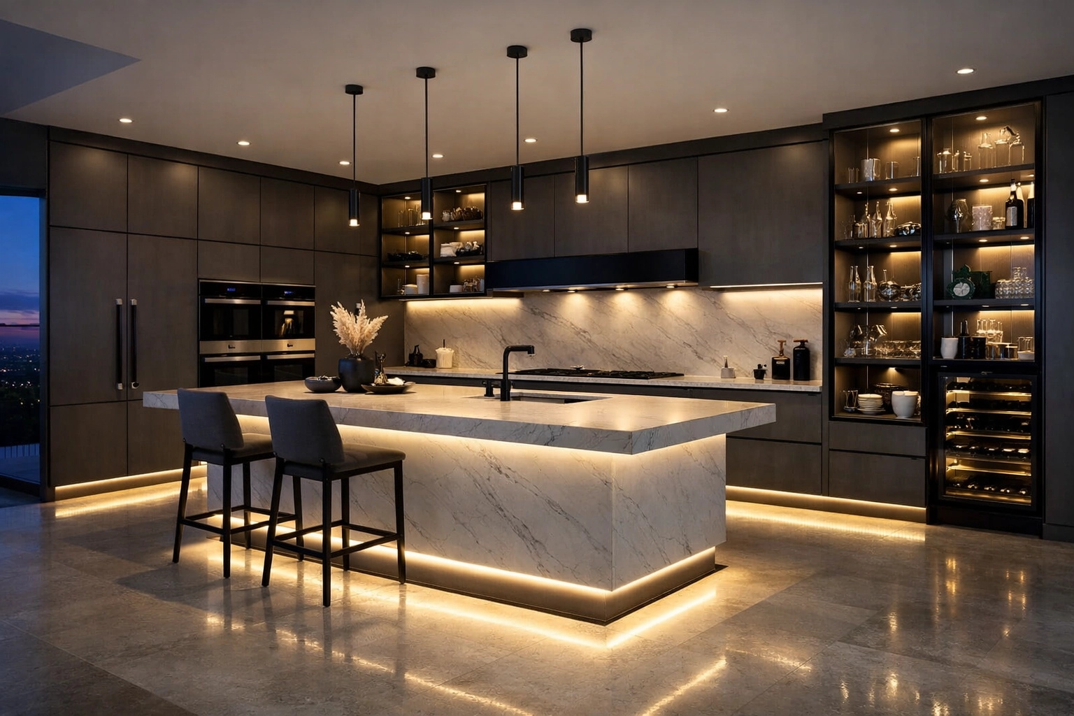 Luxury kitchen design featuring integrated LED toe-kick, under-cabinet, and display lighting systems.