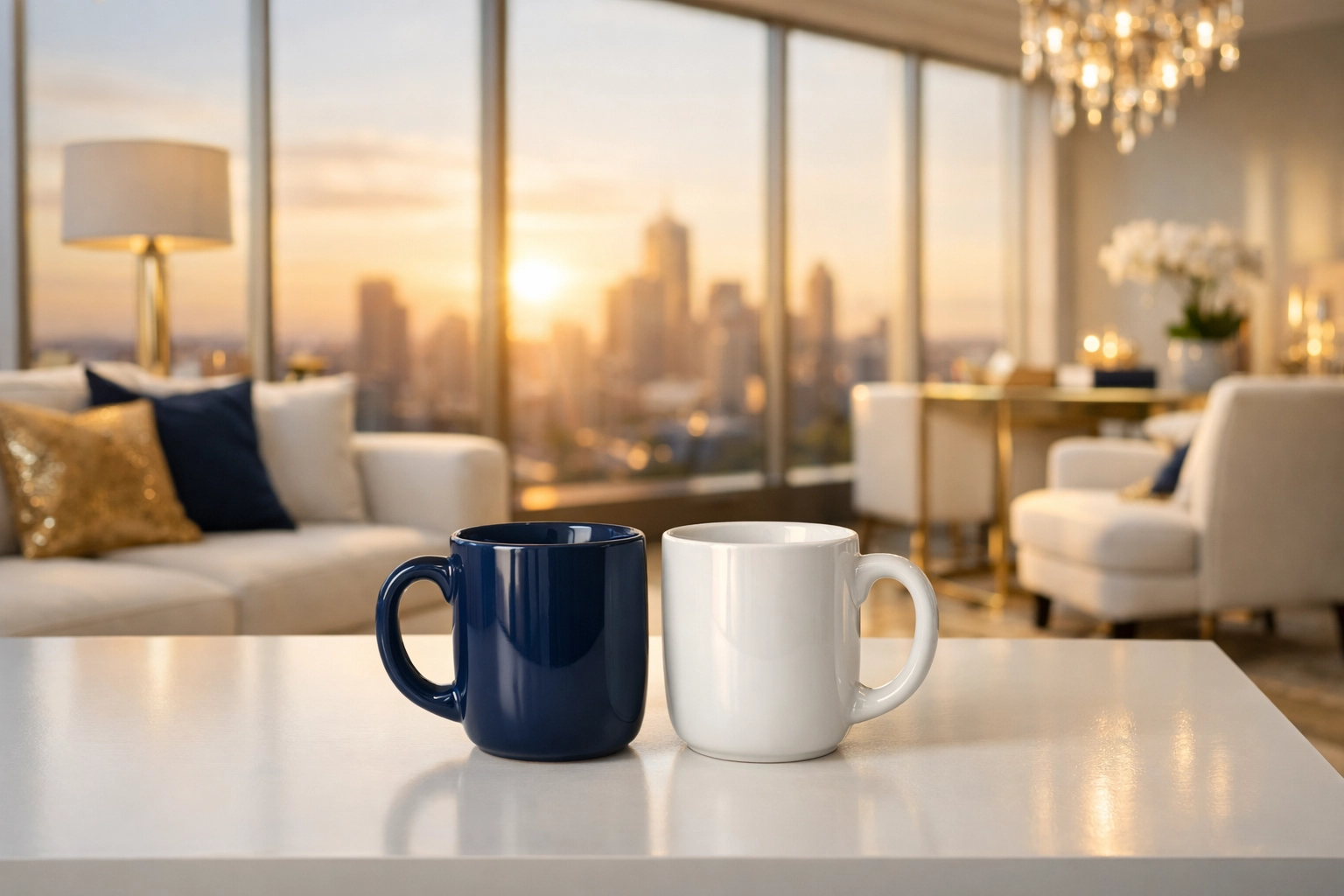 Two coffee mugs in a modern lounge representing a friendly business partnership and bright future.