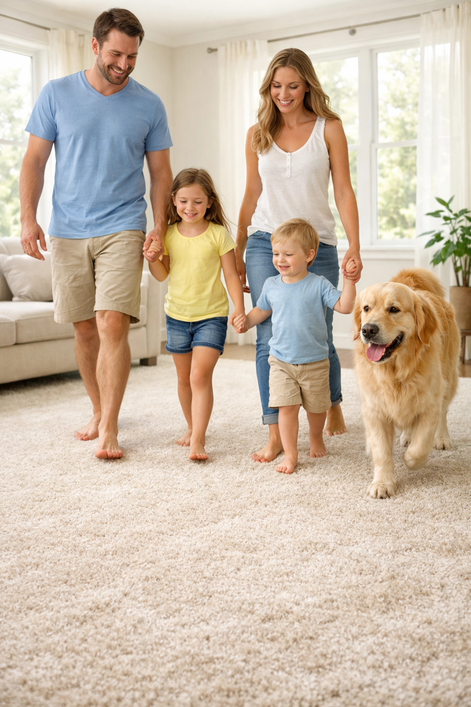 Family walking on freshly cleaned carpet in Tulsa on a fast-drying, low-moisture clean