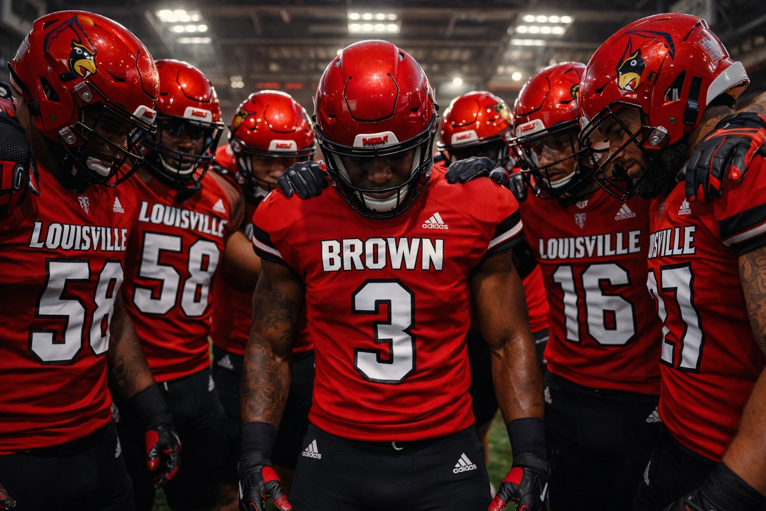 Louisville Cardinals team huddle with Isaac Brown at center showing team unity and culture