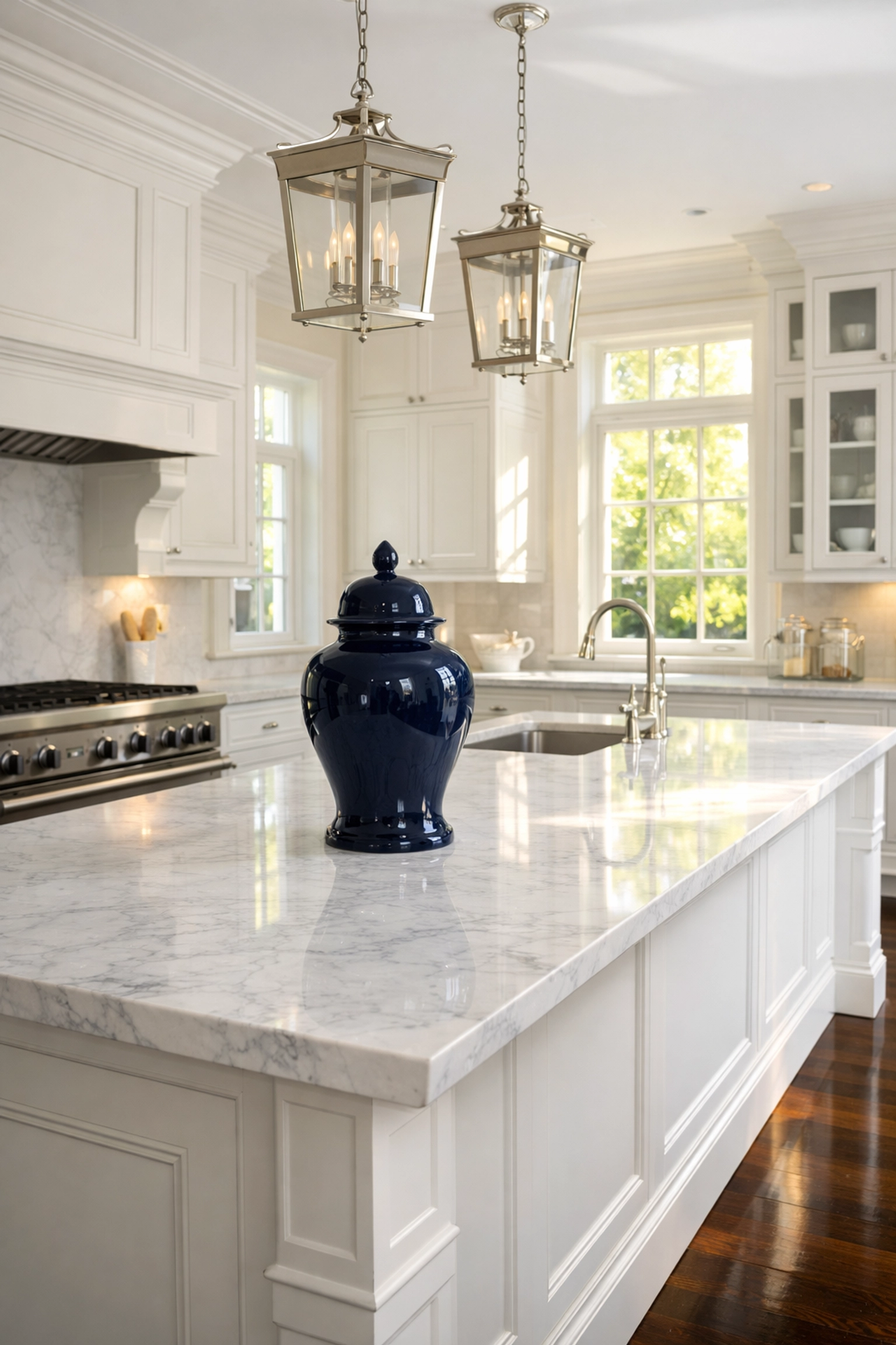 Pristine luxury kitchen in a Dover estate showcasing expert residential cleaning Massachusetts standards.