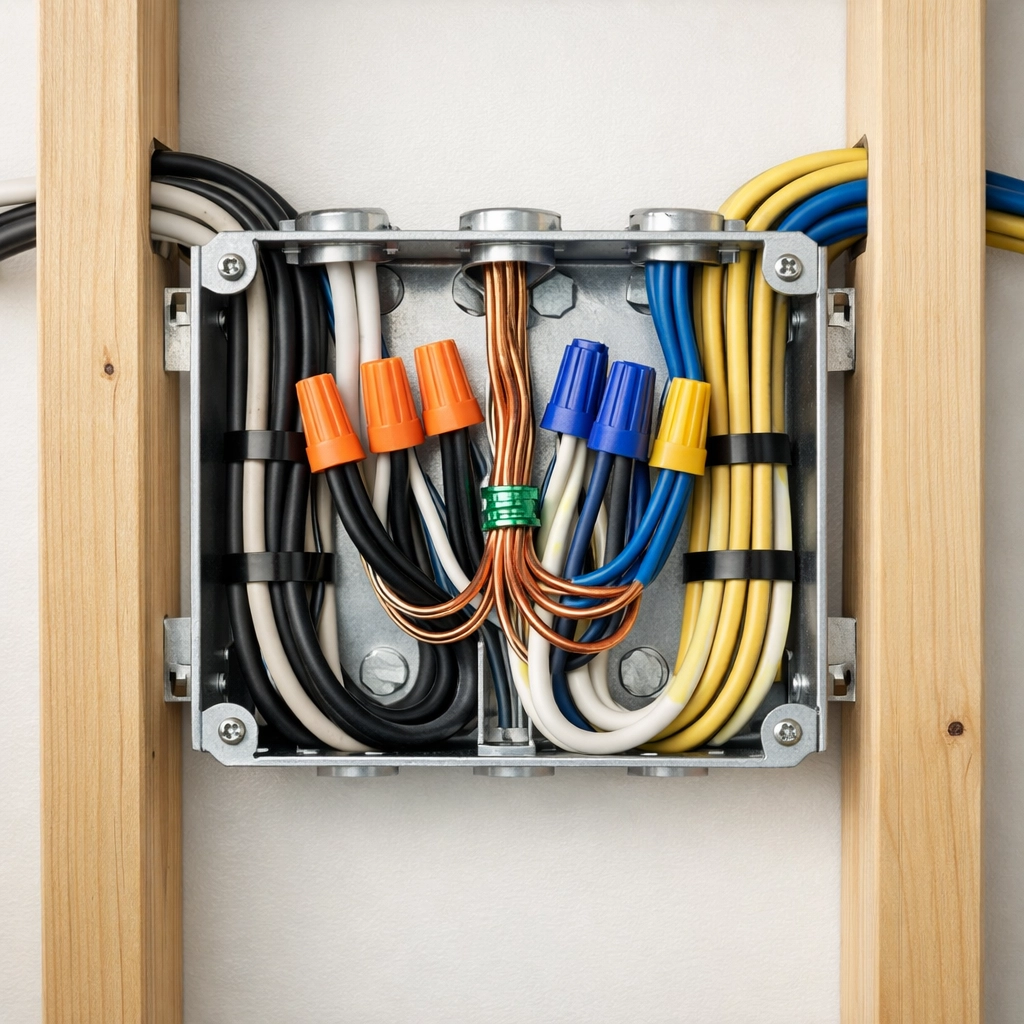 A clean, code-compliant electrical junction box with organized wiring during a professional home renovation.