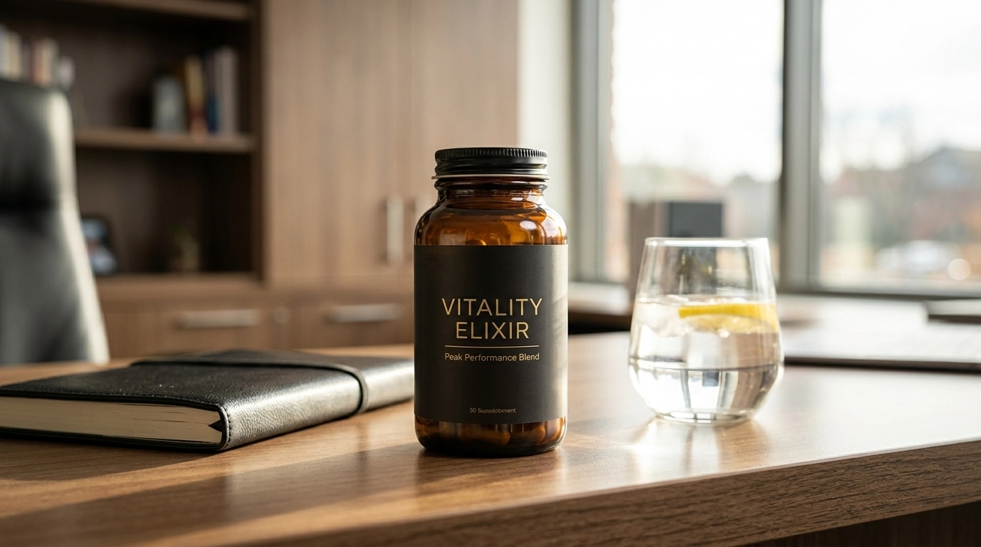 High-performance habits visual with sleek supplement bottle and notebook