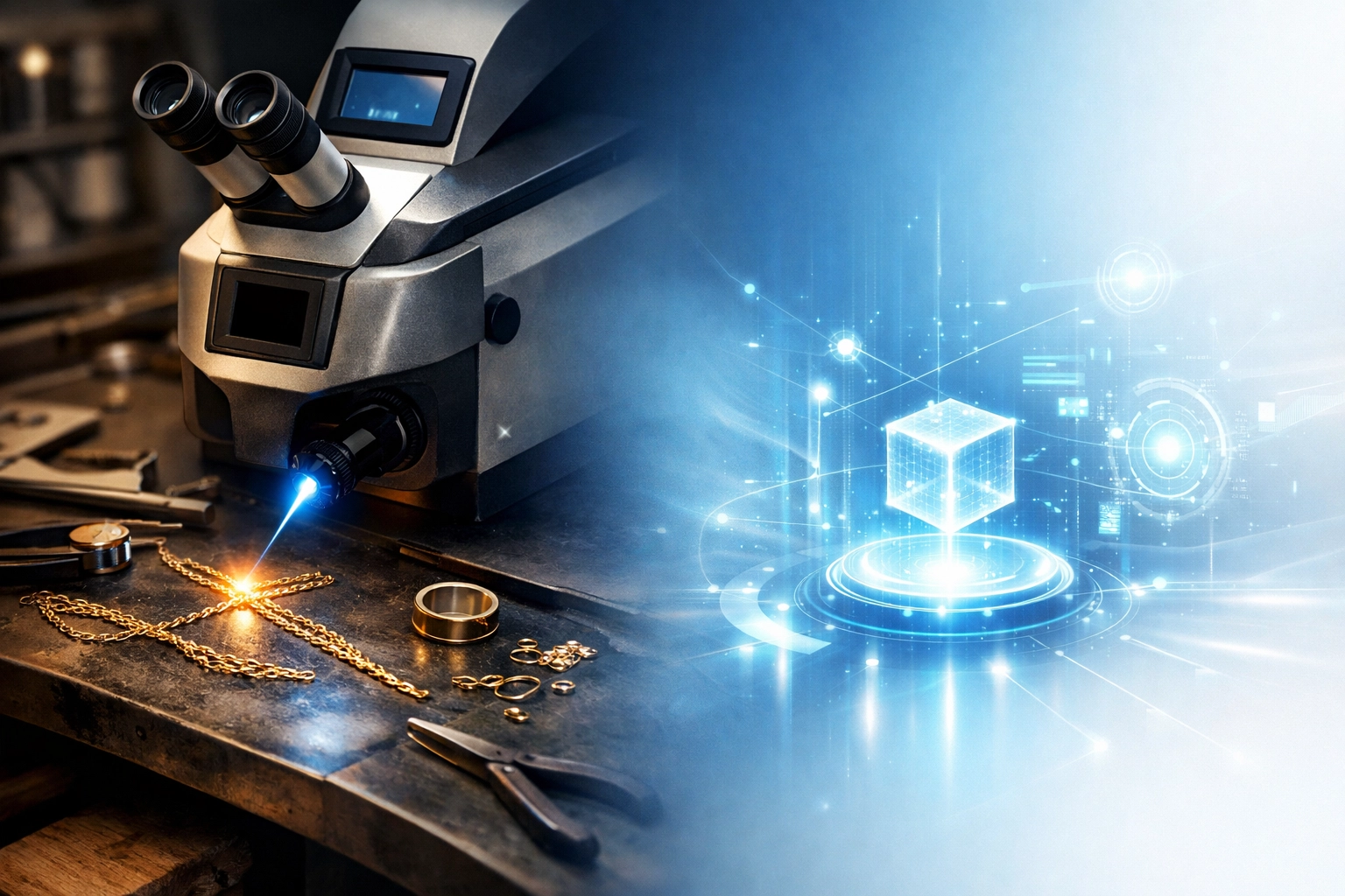 Professional jeweler workbench transitioning into a digital automation interface for scaling.