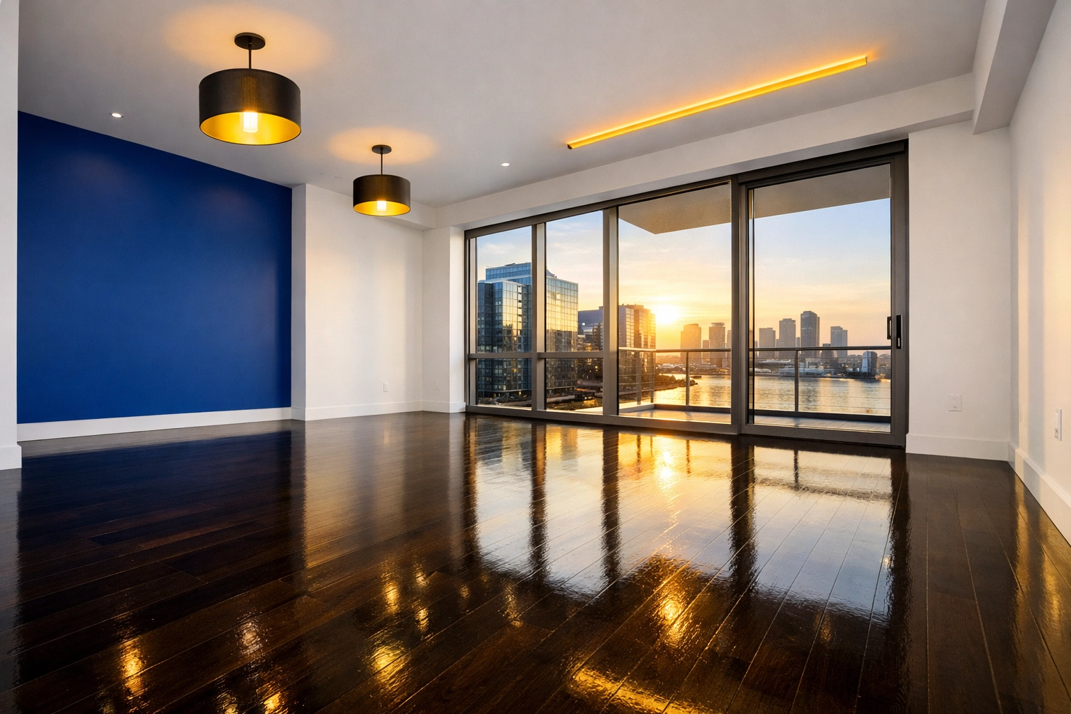 Ninja-level apartment cleaning Boston: a spotless modern living room with gleaming hardwood floors.