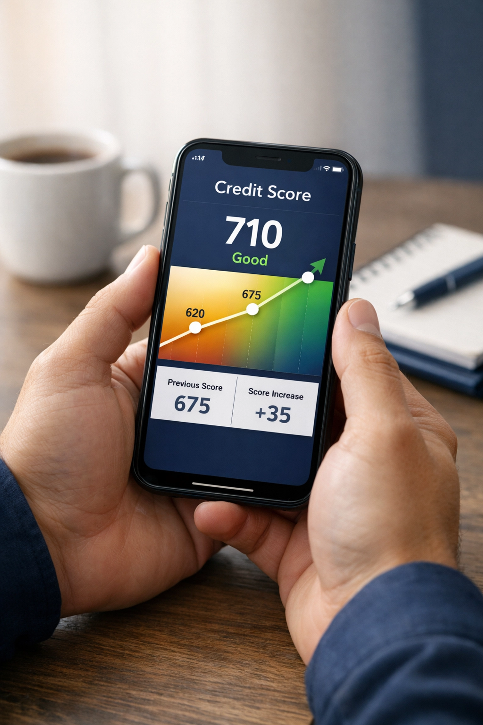 Credit score improving from 620 to 710 shown on smartphone credit monitoring app