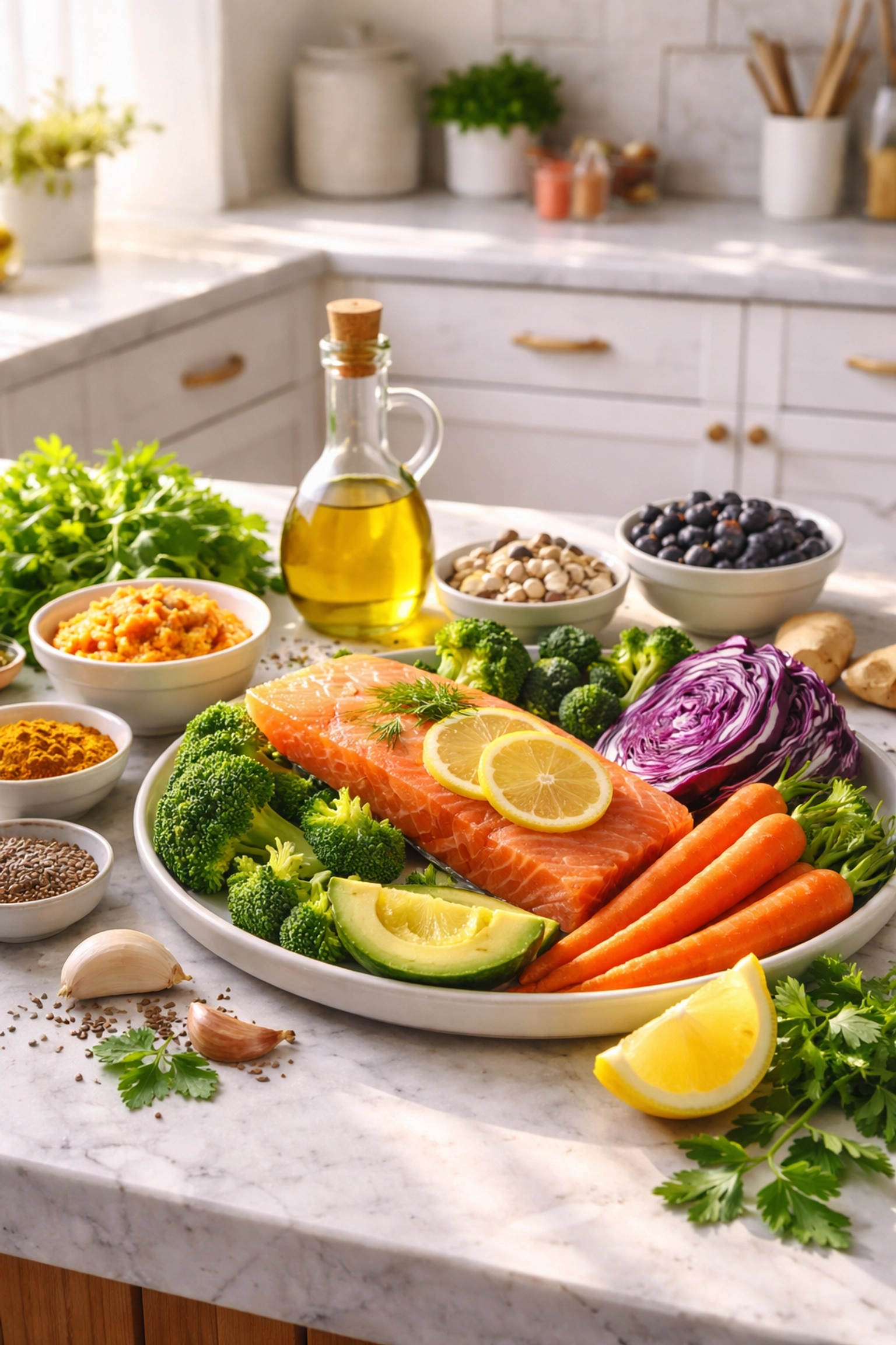 Colorful anti-inflammatory foods on countertop, supporting gut health and peptide therapy advice for adults