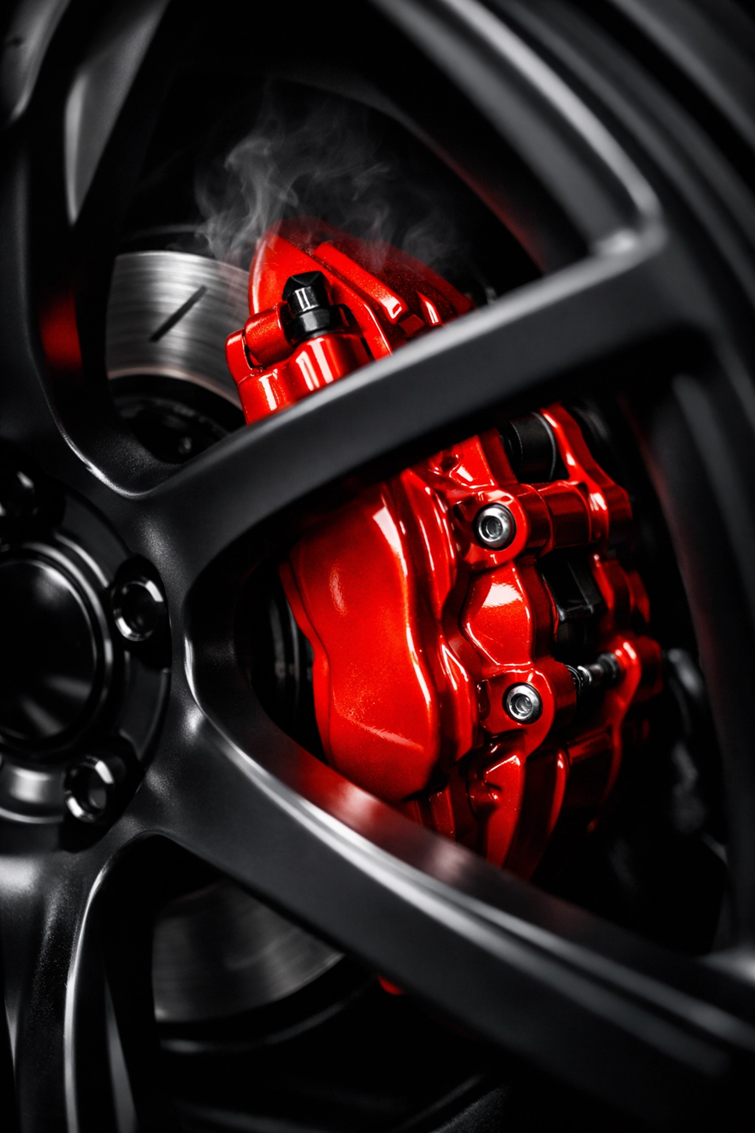 Custom powder coated brake caliper in red showing heat resistance on performance vehicle