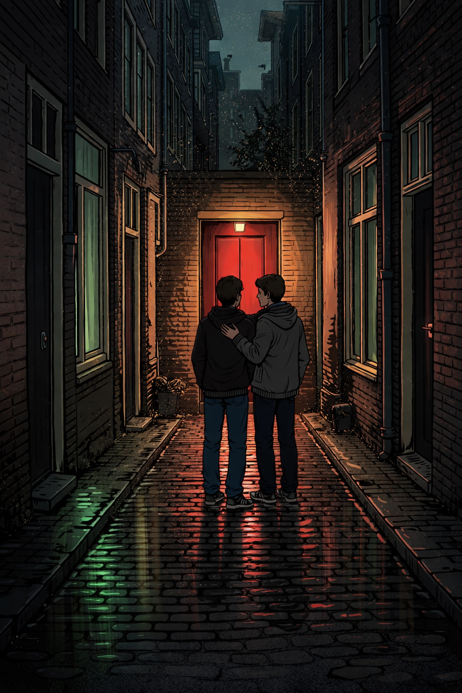 Two men stand outside a crimson door in Amsterdam's Red Light District, symbolizing LGBTQ+ refuge and secrecy.