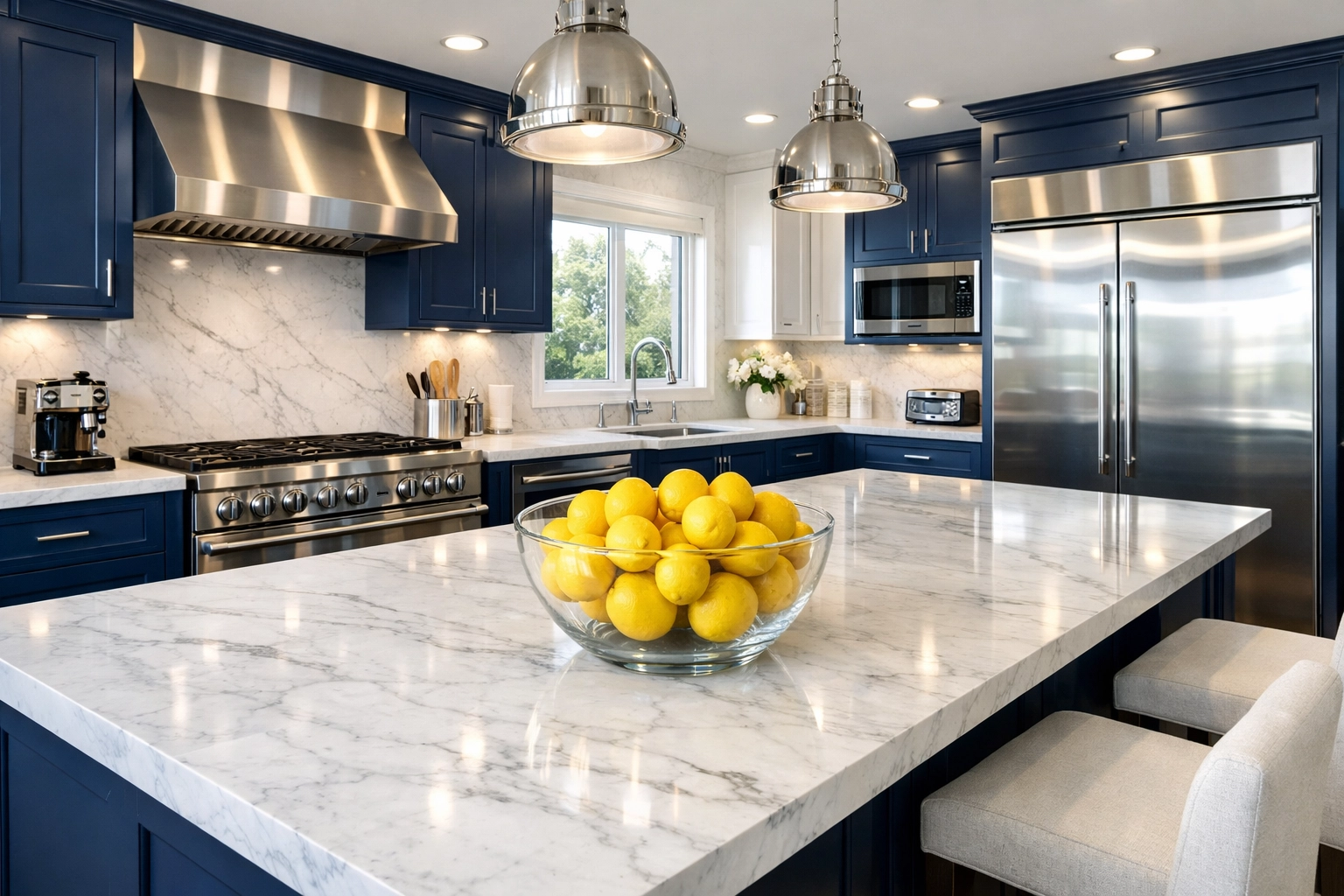 Sparkling luxury kitchen with marble counters cleaned by professional cleaners in Leominster MA.