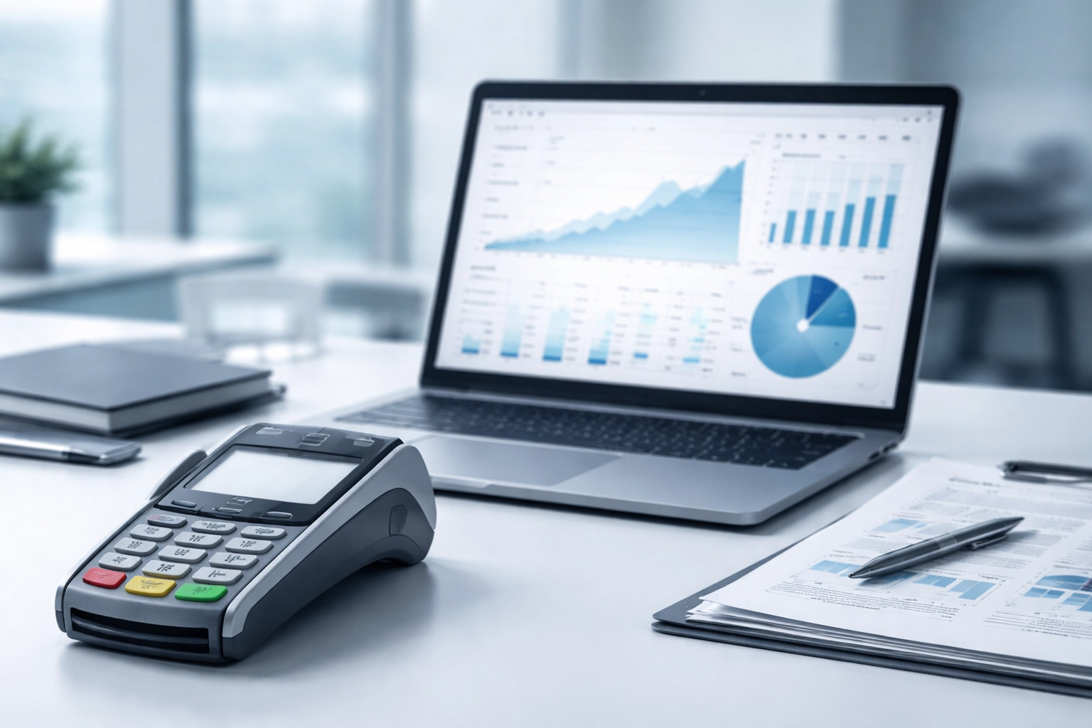 Modern office desk with laptop, credit card terminal, and business documents for debt collection payment processing