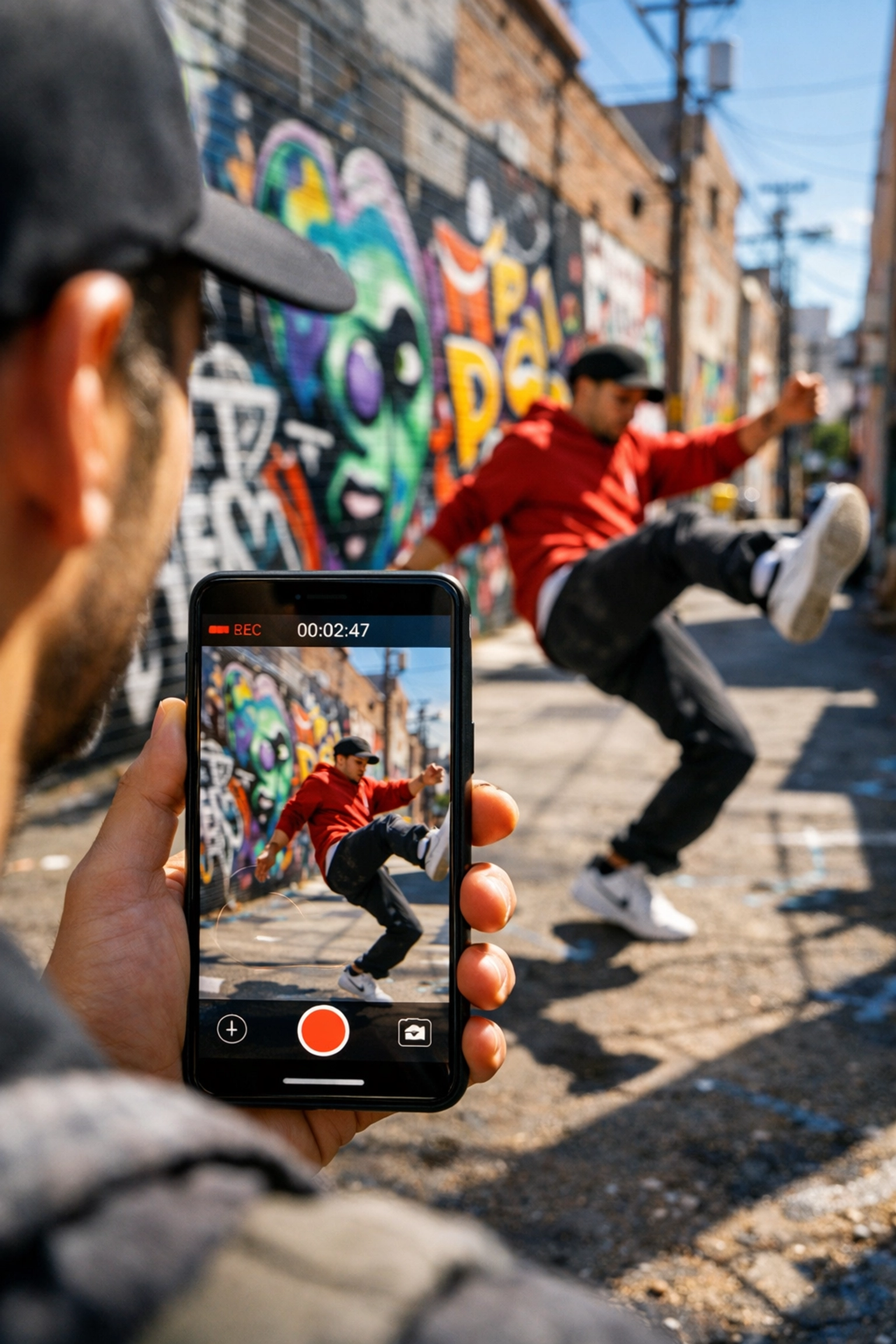 Smartphone filming a music artist in an urban setting for social media discovery and trending sound hacks.