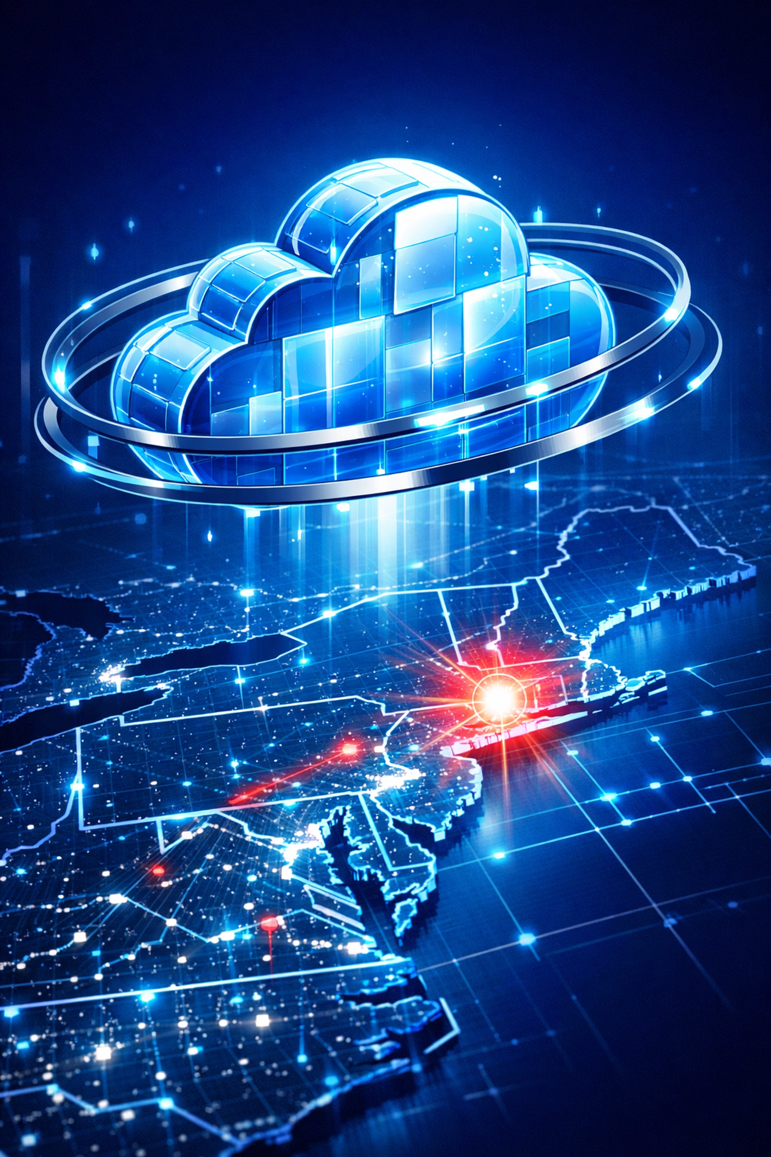 Secure cloud infrastructure over a New Jersey map representing a hardened and reliable communication supply chain.