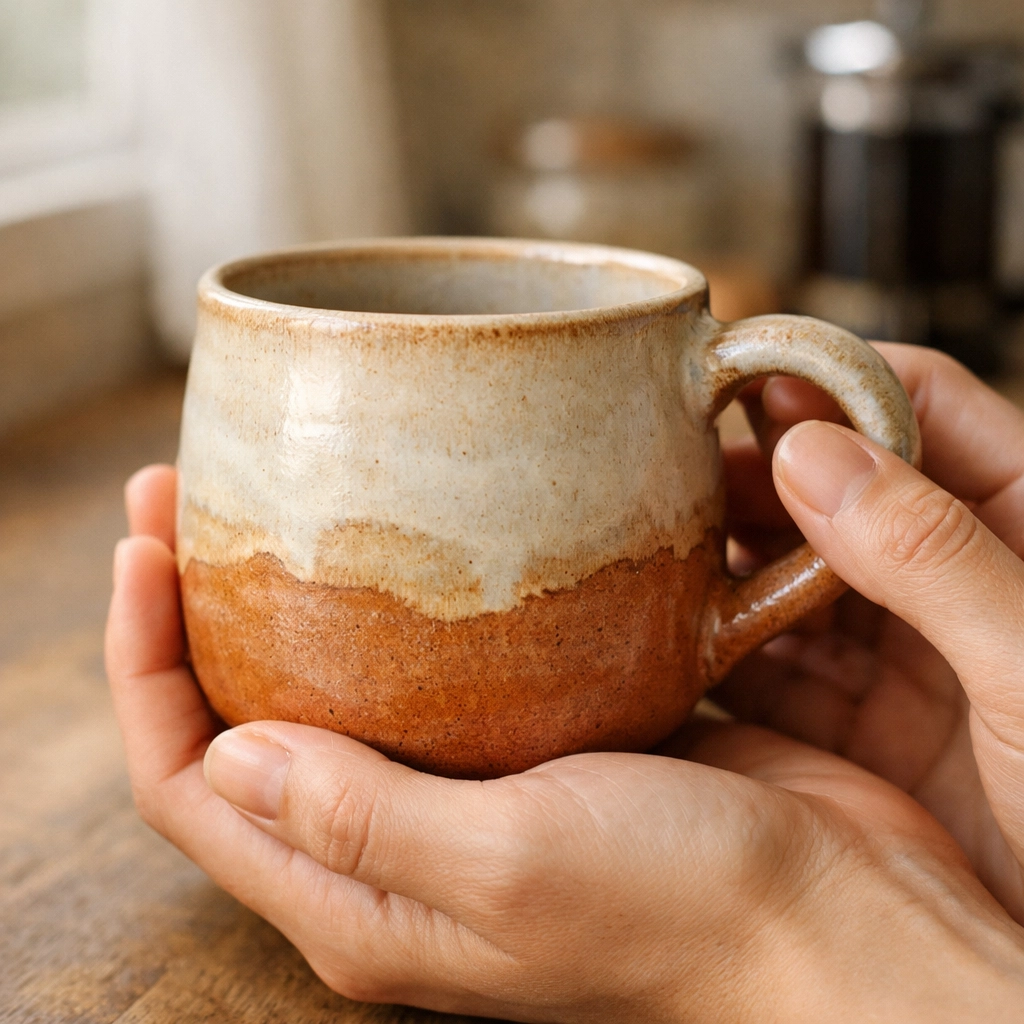 Hands holding handmade ceramic coffee mug showcasing comfort and quality craftsmanship