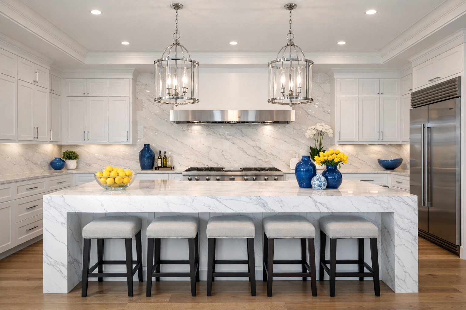 Sanitized luxury kitchen in a Southborough estate featuring a white marble island and professional organization.
