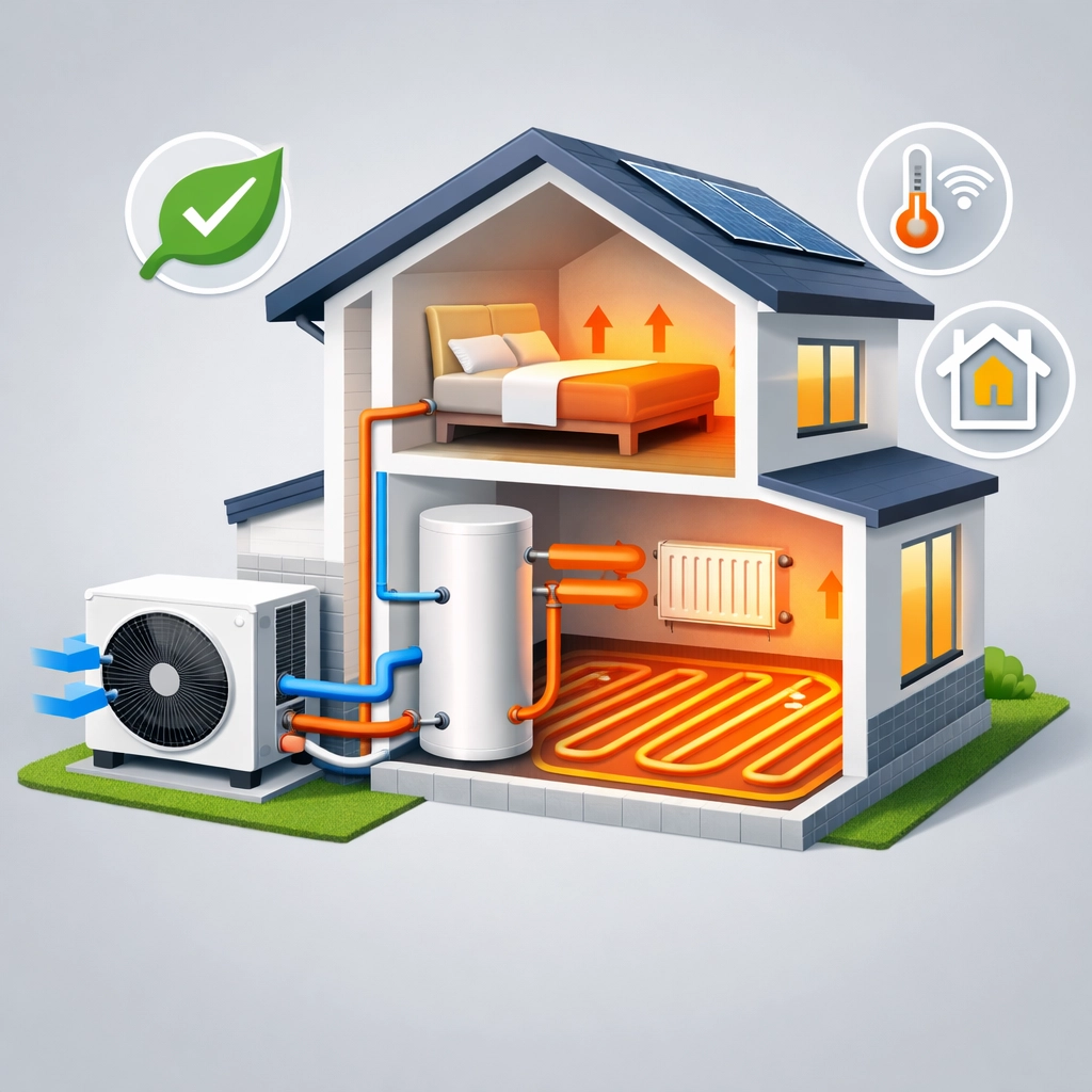 Professional air source heat pump installation in a modern Surrey eco-home with underfloor heating.