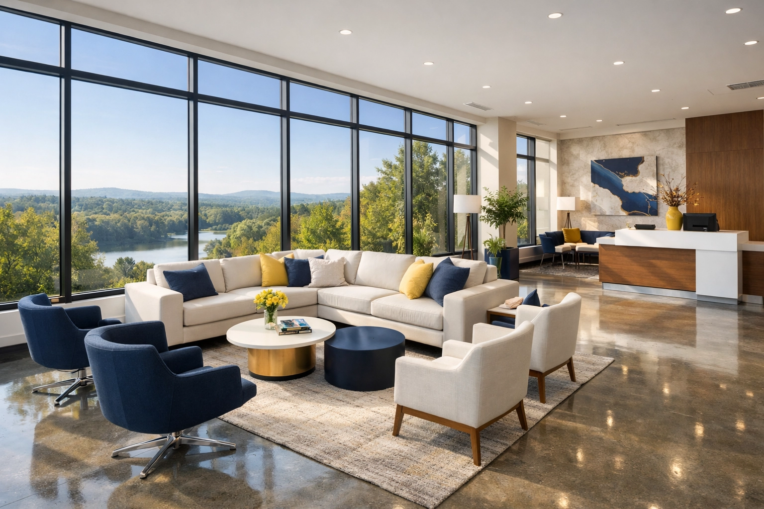Pristine modern office lobby in Westminster, MA, cleaned by commercial cleaning professionals.