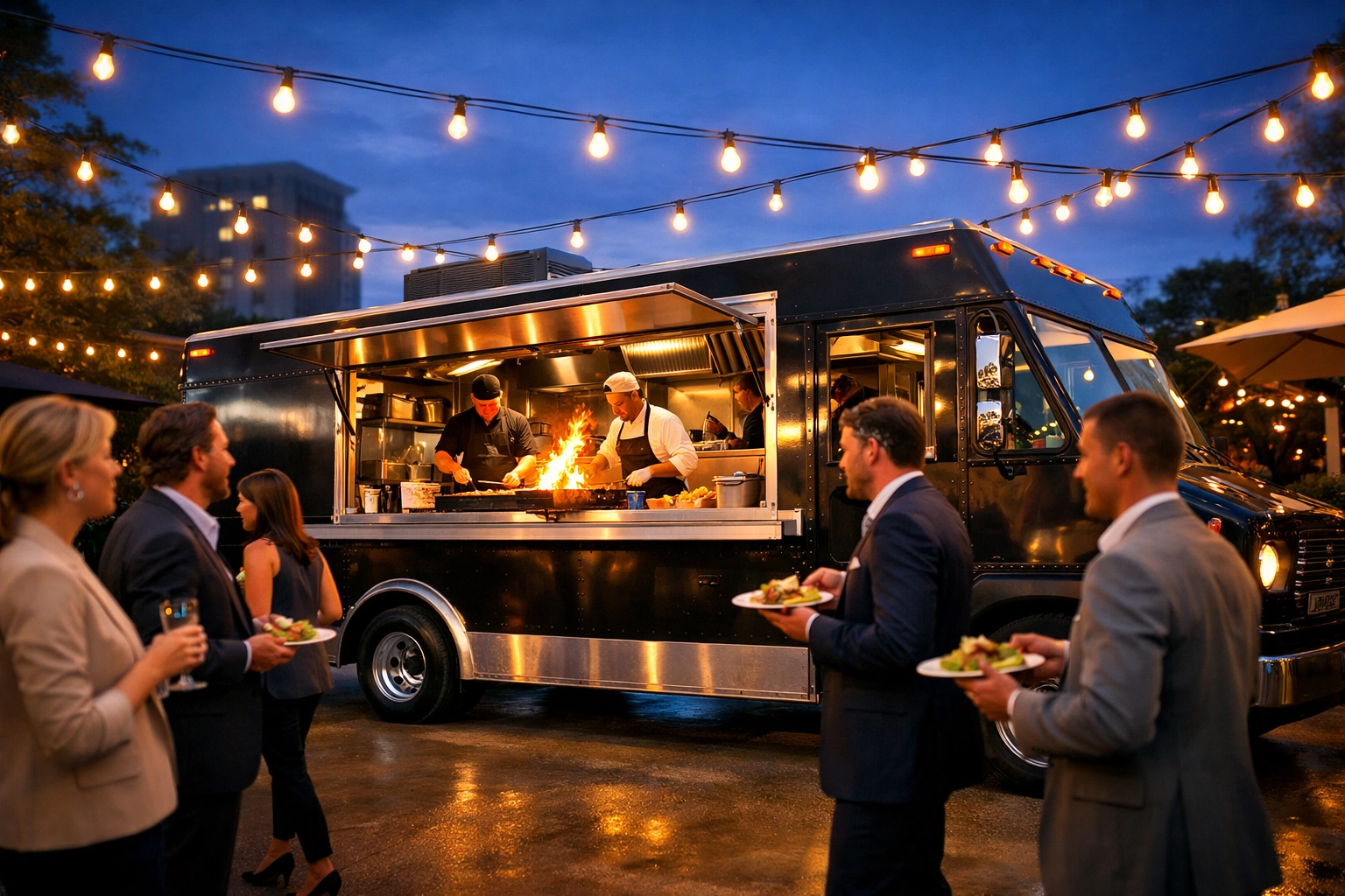 On-site food truck catering service with chefs cooking at corporate event in Salt Lake City
