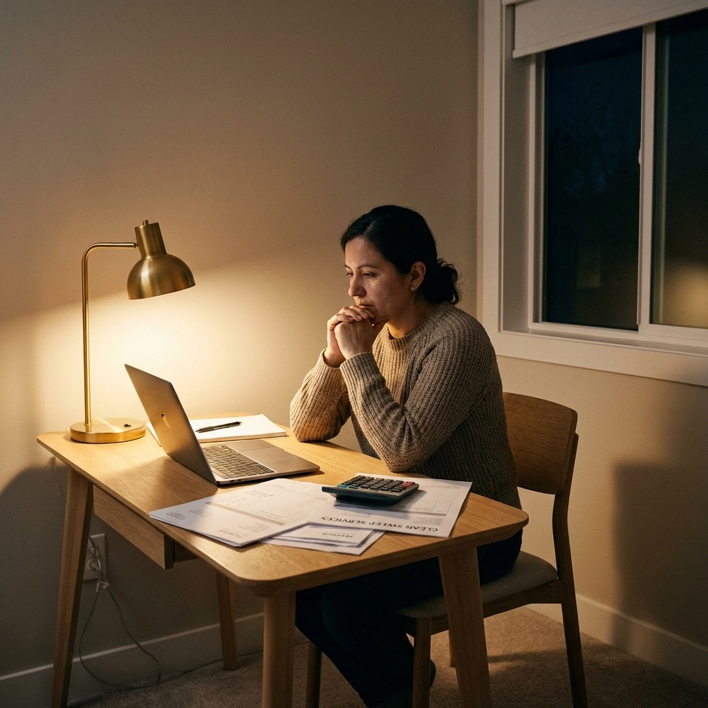 Small business cleaning owner reviewing finances alone at home office, highlighting solo cleaner challenges.